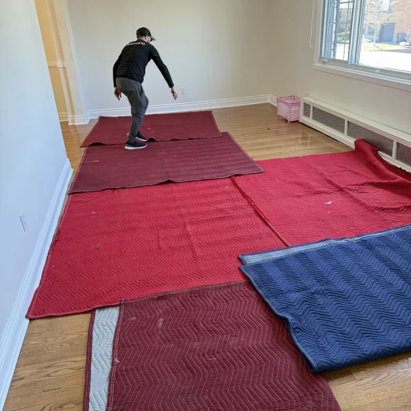 Couvertures de protection disposées sur le plancher